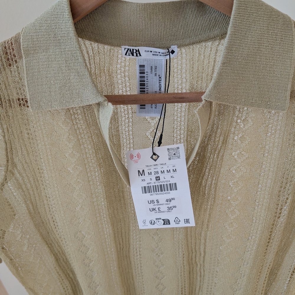 NWT Zara Openwork Sheer Knit Polo Sweater in Light Olive - M - Picture 5 of 5